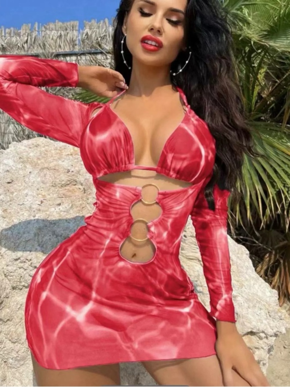 Water Glare Ring-Detail Mesh Mini Dress & Bikini Set